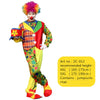 A full clown costume set featuring bright colors, a plaid shirt, and a large curly purple wig.