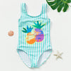 A one-piece swimsuit with a striped pattern featuring colorful pineapple and unicorn designs.