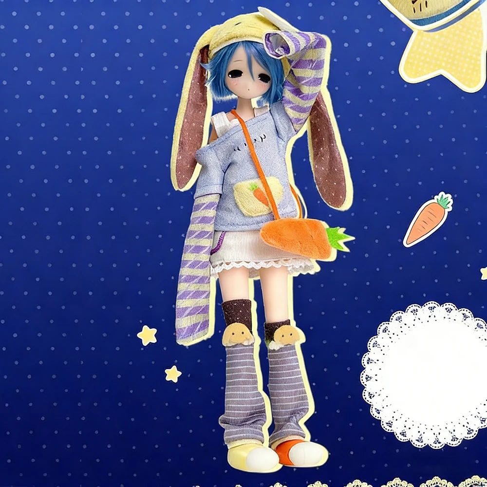 A blue-haired doll dressed in a light blue outfit with yellow and purple striped accents, holding an orange carrot.