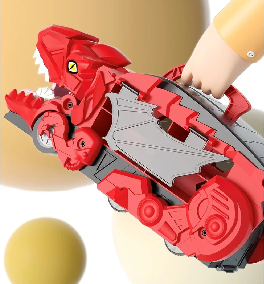 A red T-Rex dinosaur toy with sliding features is being held by a hand.