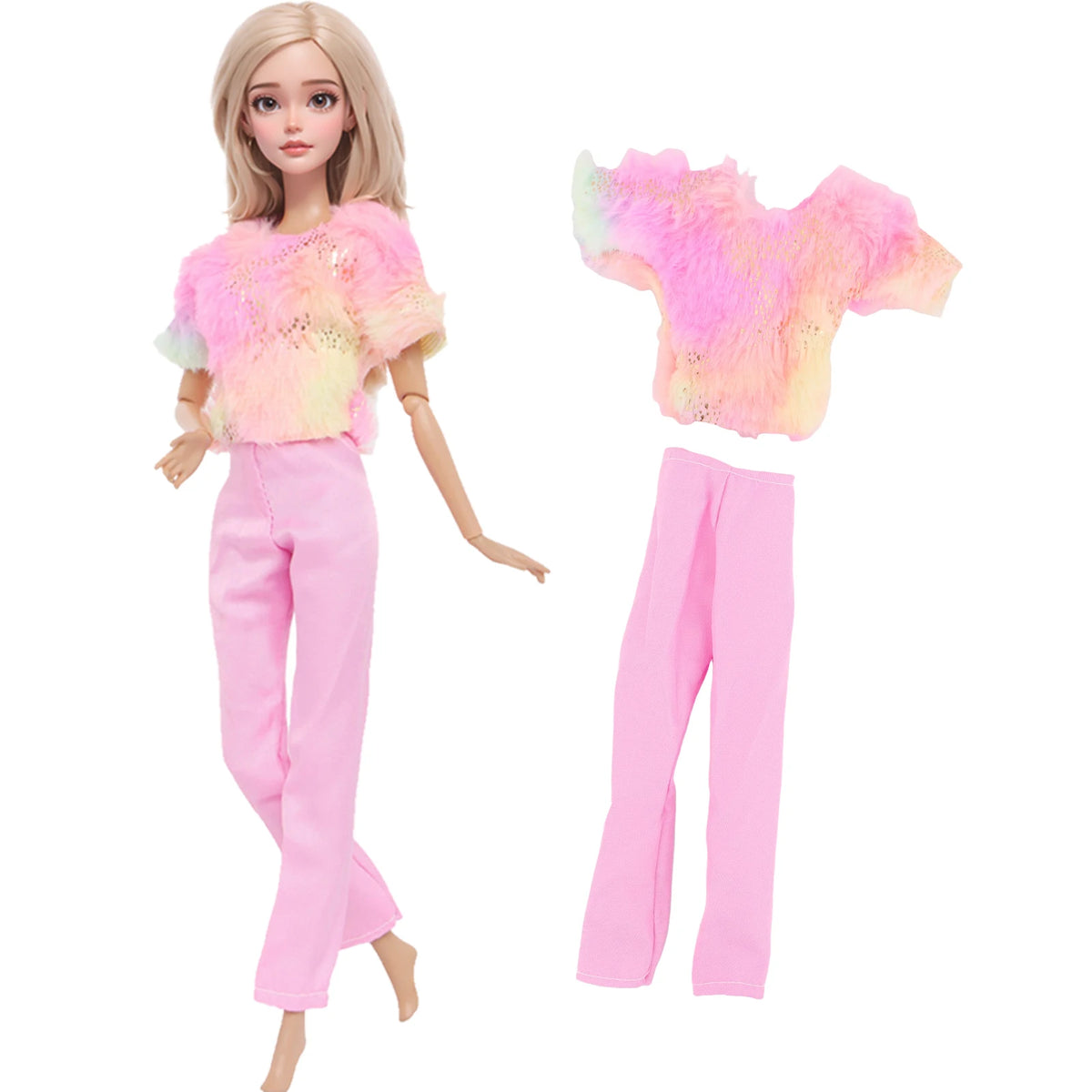A fashion doll outfit set featuring a pink and yellow fluffy top and matching pink pants.