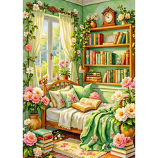 A vibrant diamond painting kit featuring a sofa landscape scene with full drill canvas art.