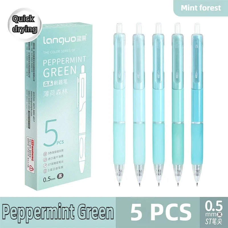 A set of five mint green quick-drying gel pens with 0.5mm tips packaged in a box.
