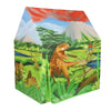 A foldable kids play tent featuring a vibrant landscape with mountains and greenery.