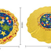 Yellow inflatable play mat with a blue center featuring colorful toys and sea creatures