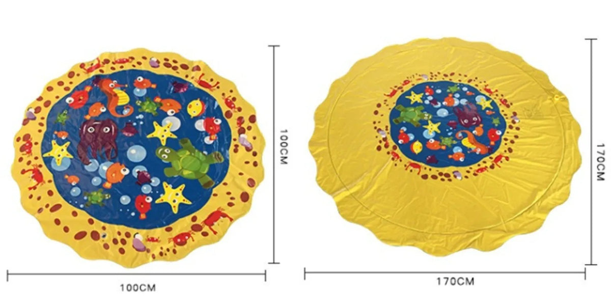 Yellow inflatable play mat with a blue center featuring colorful toys and sea creatures
