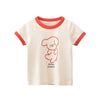A cream-colored short-sleeve t-shirt for girls featuring a pink, fluffy bear graphic and red trim.