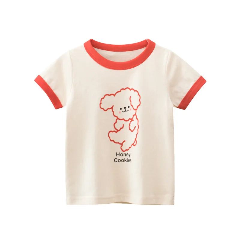 A cream-colored short-sleeve t-shirt for girls featuring a pink, fluffy bear graphic and red trim.