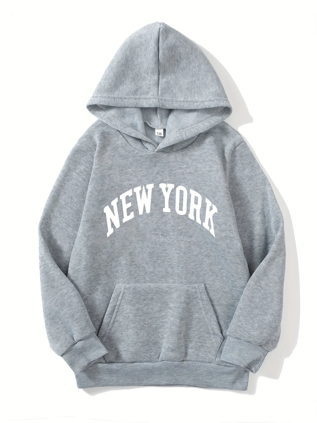 A gray pullover hoodie with the words NEW YORK printed in white across the chest.