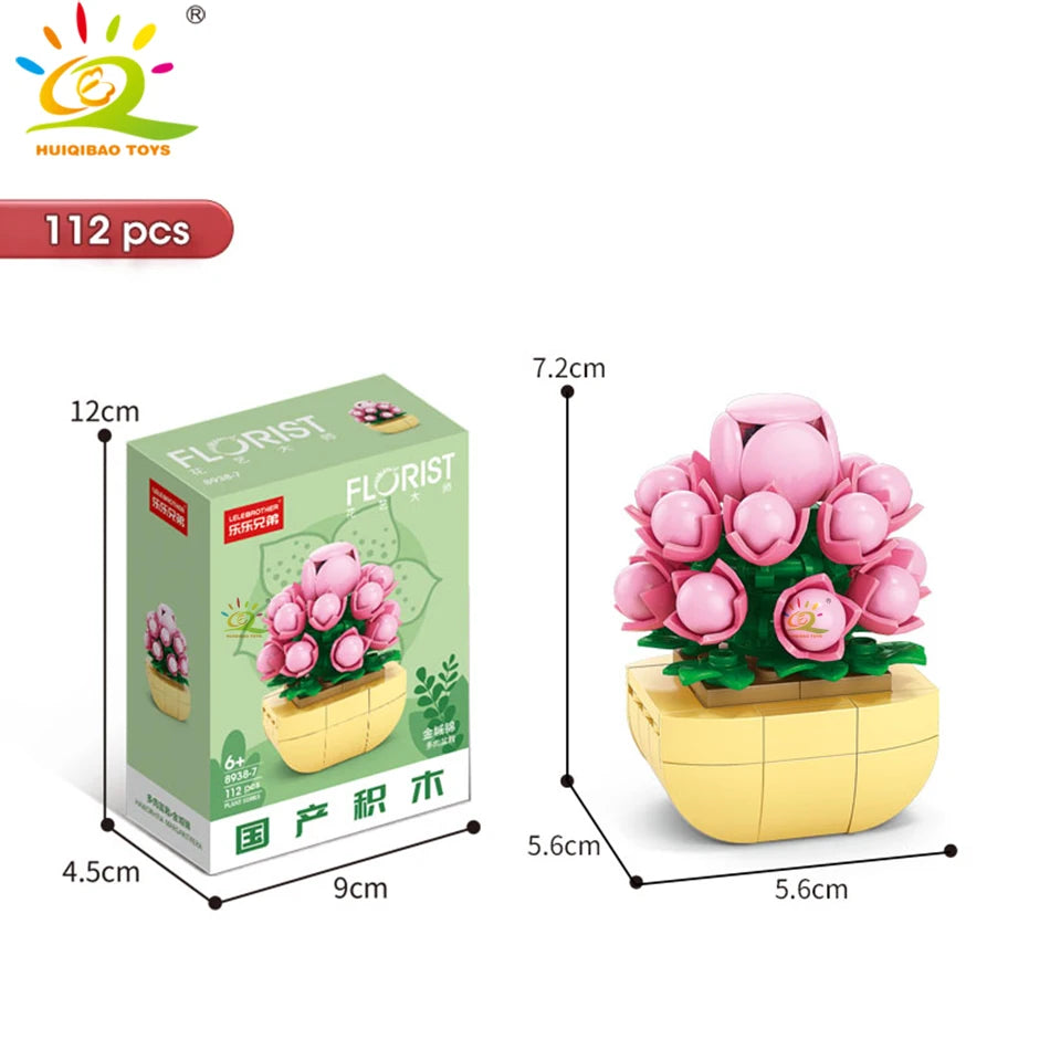 A set of 112 pink and green flower succulent building blocks for desktop plant decor.