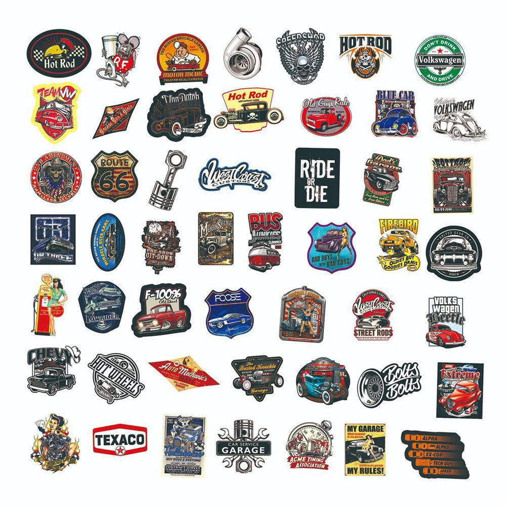 Vintage Hot Rod Car Sticker Pack – Retro Decals for Laptops, Luggage & Skateboards