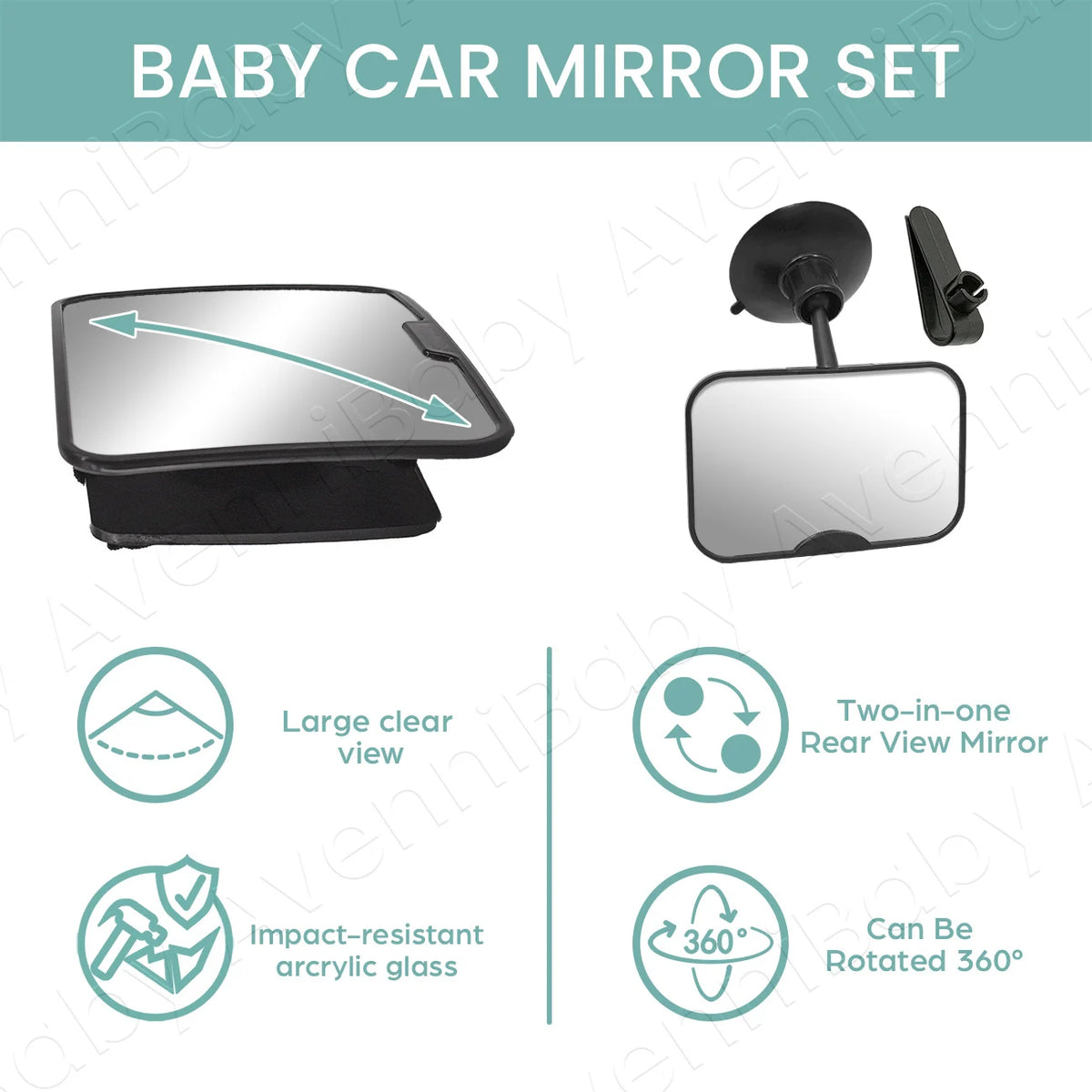 A set of two clear acrylic car mirrors designed for baby car seats, featuring impact resistance and 360-degree rotation.