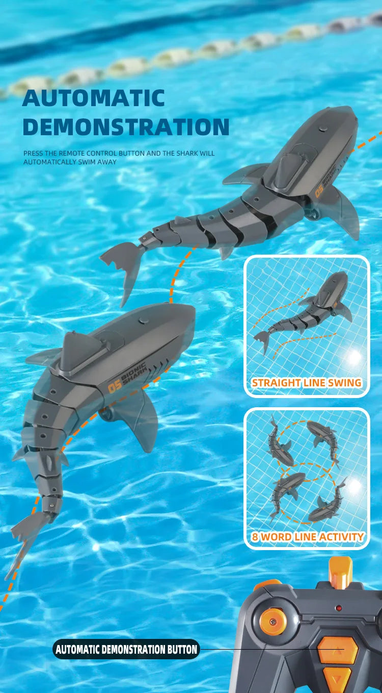 A remote control swimming shark toy demonstrates automatic swimming and eight-line activity in blue water.