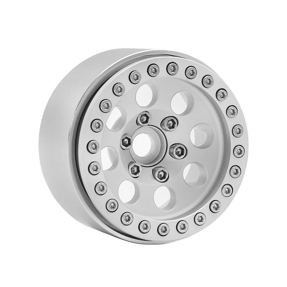 Silver metal beadlock wheels for an RC crawler with a removable hex hub