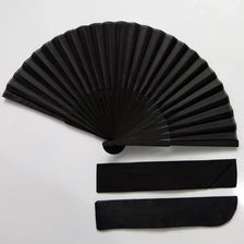 Elegant black folding hand fan with bamboo frame shown in a fan shape.