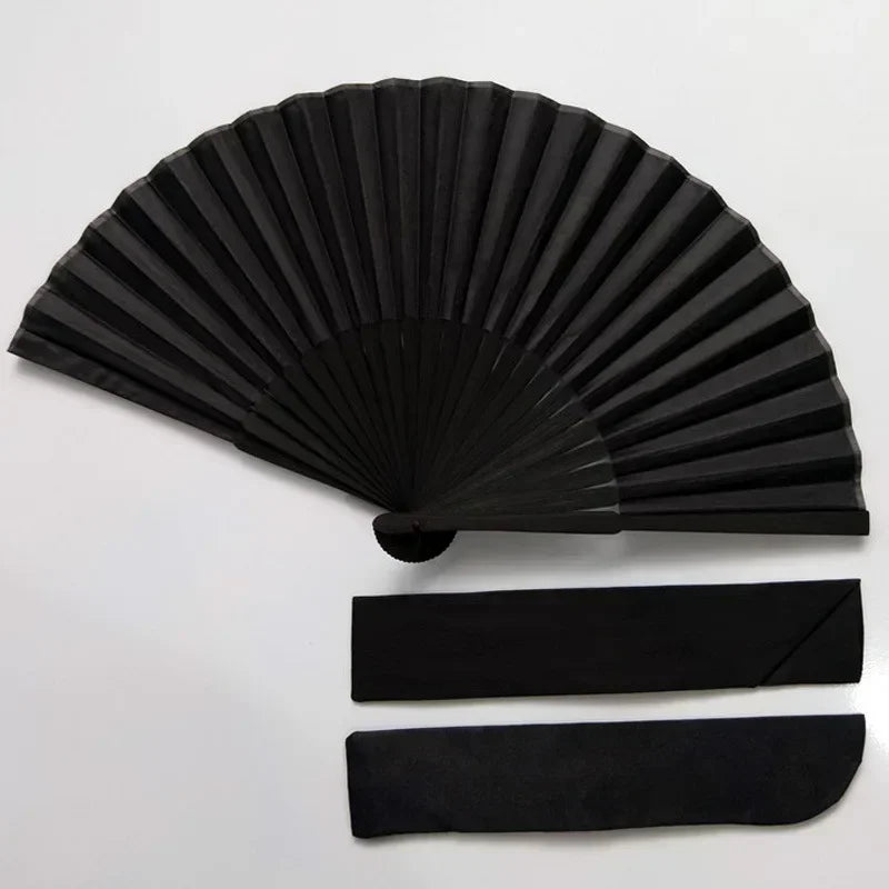 Elegant black folding hand fan with bamboo frame shown in a fan shape.