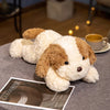 A fluffy, light-colored dog plush toy lying on a gray surface next to a cup.