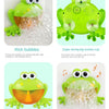 A green silicone frog bath toy that makes bubbles and plays music for kids