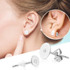 Stainless steel earring stud bases with backs shown on a person's ear and as individual components.