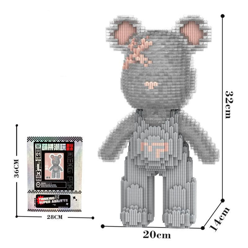 A gray kawaii bear figure made of micro building blocks, shown with its dimensions.