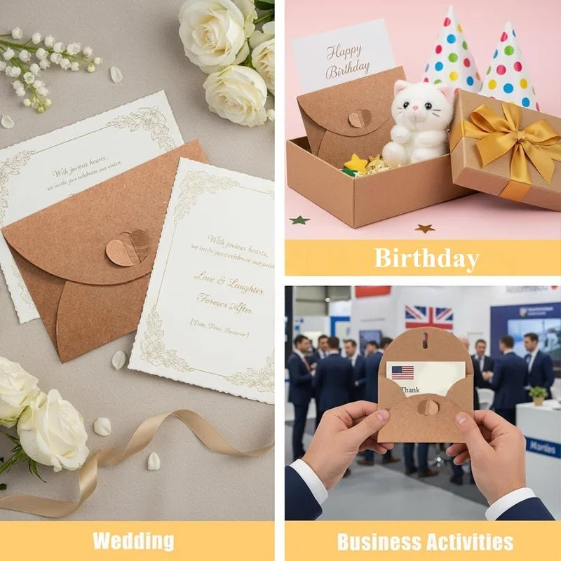 A collection of mini kraft paper envelopes with heart clasps for wedding, birthday, and business activities.