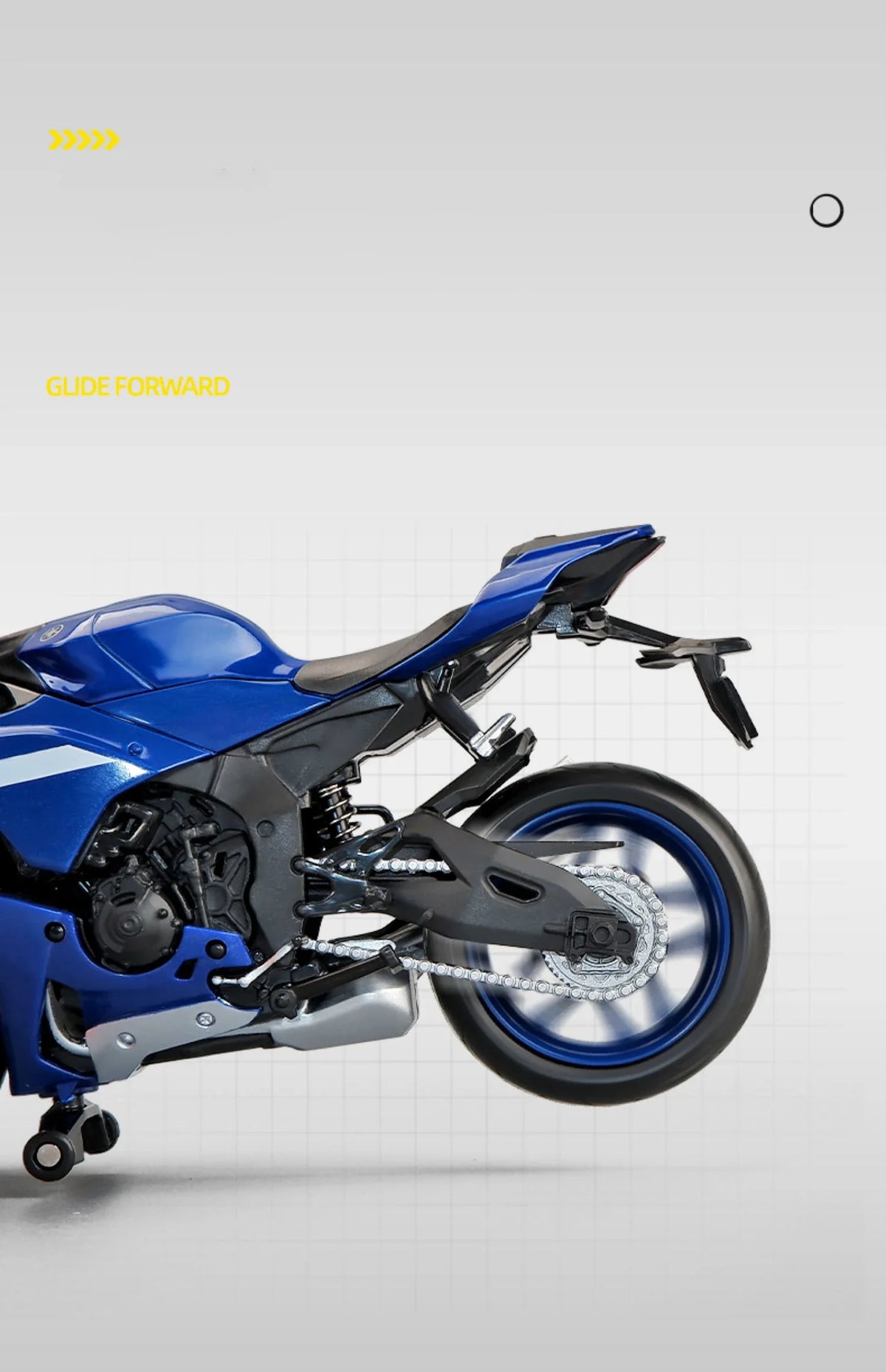 A blue Yamaha YZF-R1M 1:12 scale diecast motorcycle model shown in a profile view.