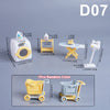 A set of 1:12 scale dollhouse furniture accessories including kitchen, bedroom, and bathroom items in various colors.