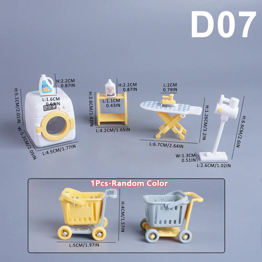 A set of 1:12 scale dollhouse furniture accessories including kitchen, bedroom, and bathroom items in various colors.