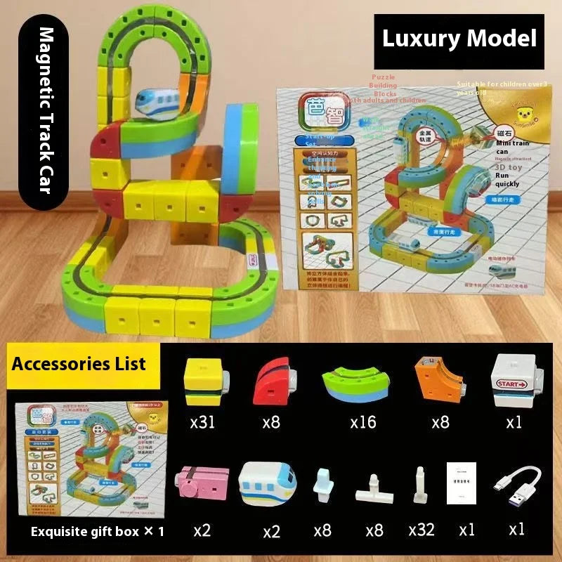 A set of DIY magnetic track train cars and flexible rail pieces in various colors for building a model train set.