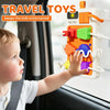 A toddler interacts with an orange Montessori busy board featuring lights and sounds in a car setting.