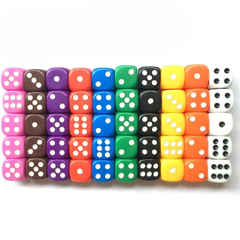 A row of ten colorful solid acrylic dice in various colors including pink, purple, green, yellow, and white.