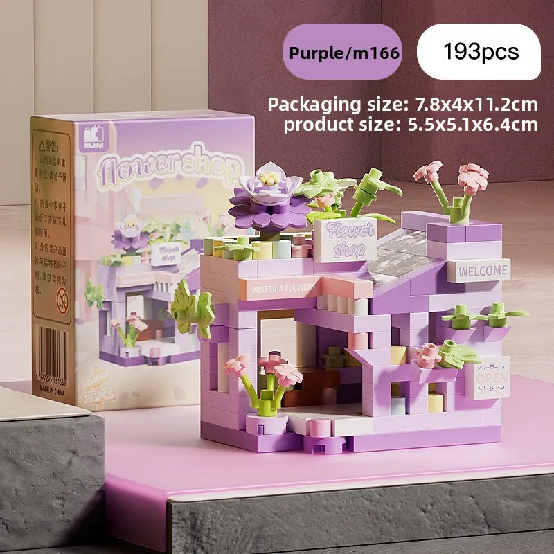 Purple micro building block set featuring a flower shop scene with plants and flowers.