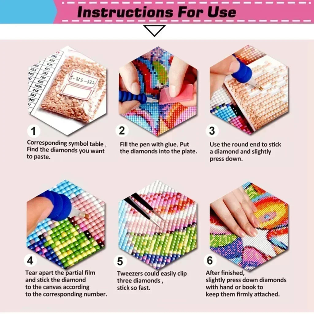 Instructions for a 6-step diamond painting kit showing how to fill the pen with glue and stick diamonds onto a plate.