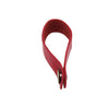 A red leather guitar strap button with a metal fastener.