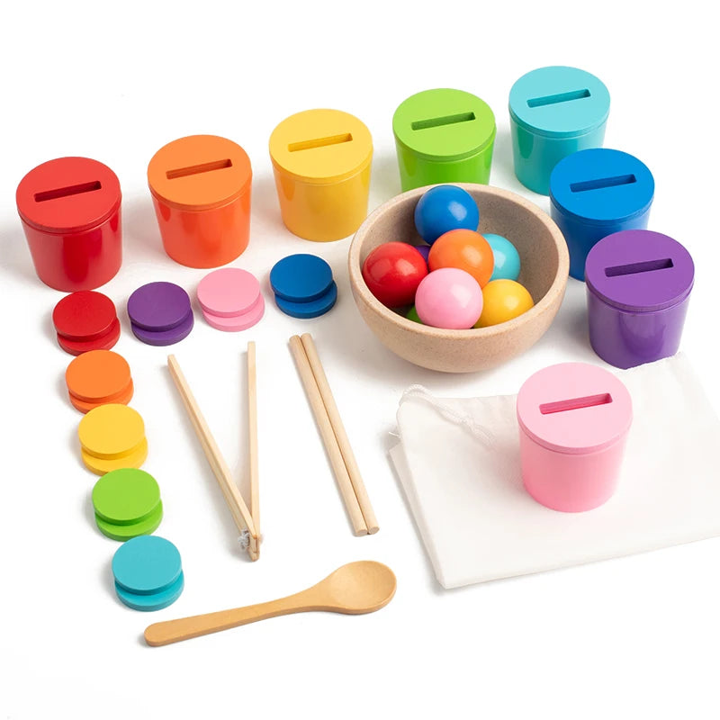 A set of colorful wooden cups and rainbow balls for a Montessori sorting game