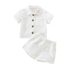 A white baby boy cotton linen summer shirt and shorts outfit set