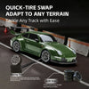 A green racing sports car is shown with tires, demonstrating quick-tire swap capability for various terrains.