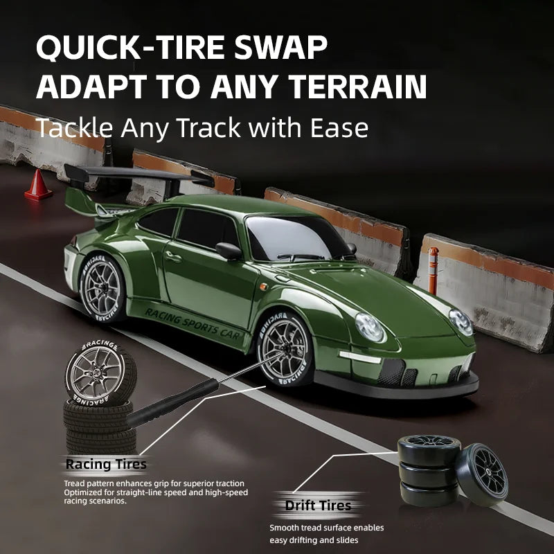 A green racing sports car is shown with tires, demonstrating quick-tire swap capability for various terrains.