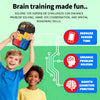 A boy is playing an electronic sliding block puzzle, which is shown with benefits like enhancing problem-solving and cognitiv