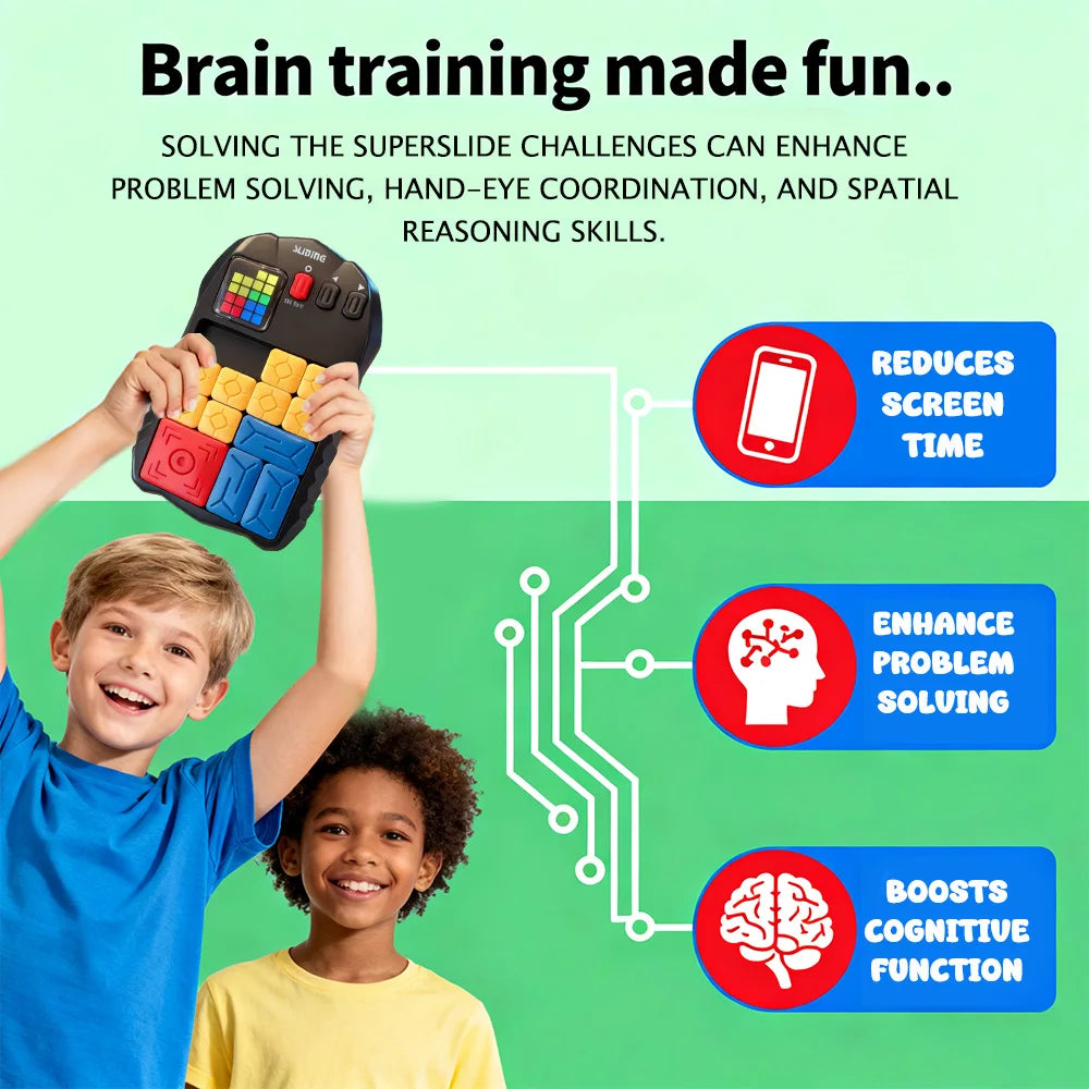 A boy is playing an electronic sliding block puzzle, which is shown with benefits like enhancing problem-solving and cognitiv