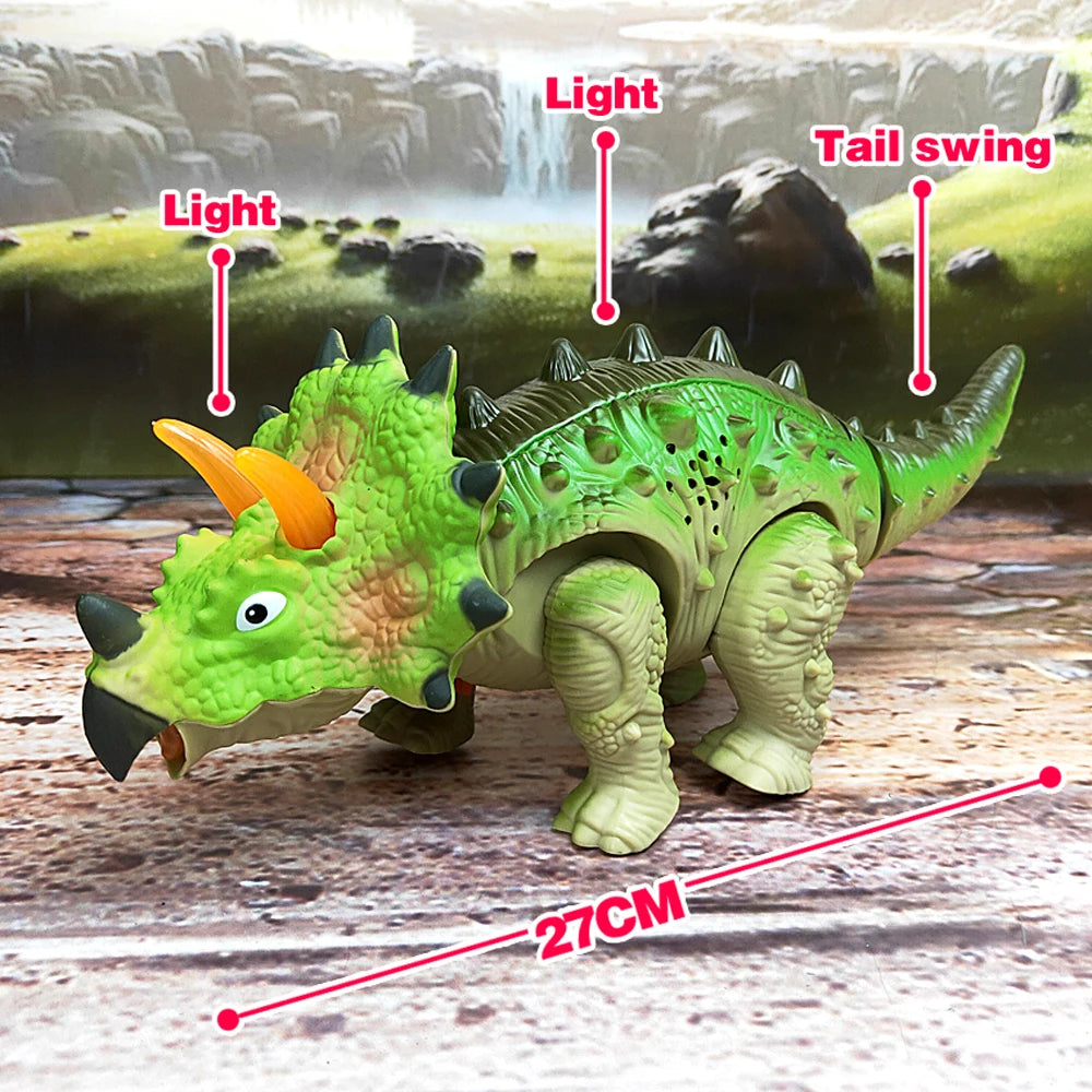 A green dinosaur toy with light and tail swing features is shown in a natural outdoor setting.