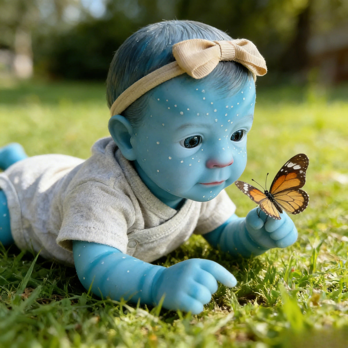 A blue reborn baby doll with freckles lies on green grass.