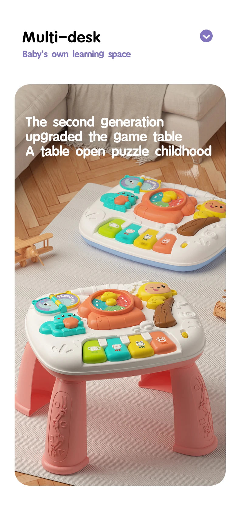 A pink musical baby piano playmat with a light-up keyboard and hanging toys is shown on a table.
