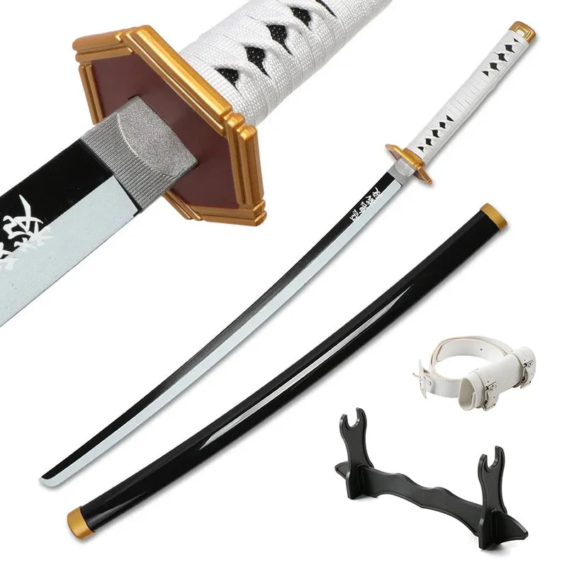 A Demon Slayer anime katana sword with a silver blade and gold hilt, shown alongside its scabbard and a detached guard.