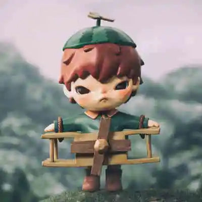 A small mischievous figure with reddish-brown hair and a green cap stands on a wooden platform.