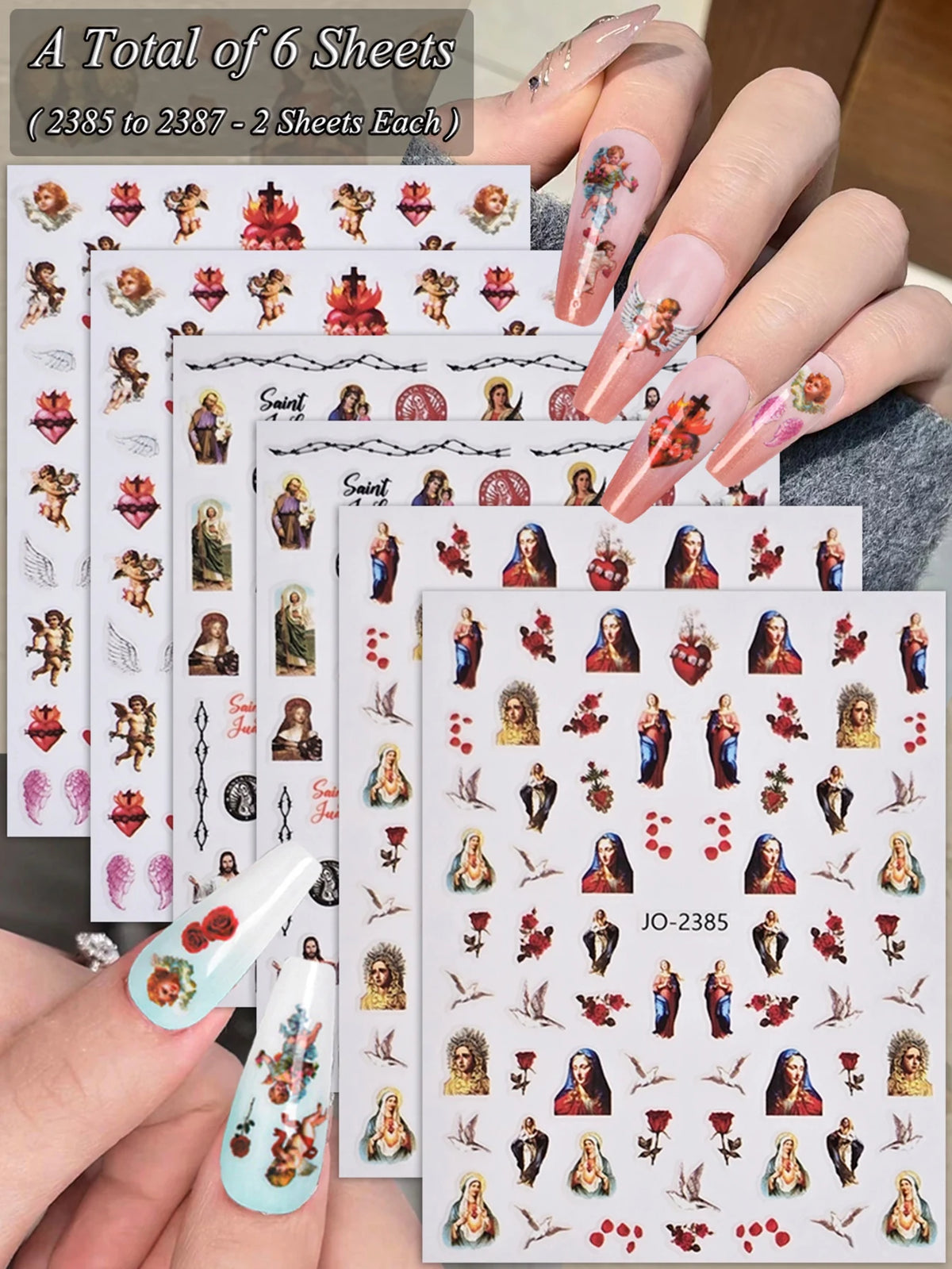 A set of 6 sheets of vintage angel and saint nail art stickers featuring cherubs and crosses on a hand