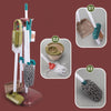 A kids pretend play cleaning set with a storage rack showing three tools: a mop, a sponge, and a brush.