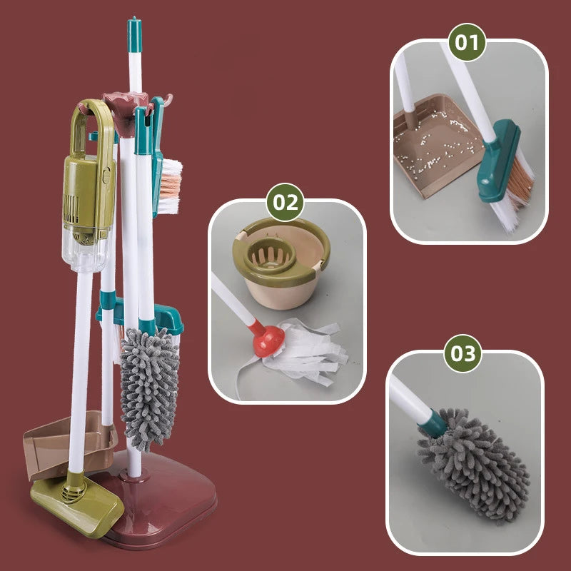 A kids pretend play cleaning set with a storage rack showing three tools: a mop, a sponge, and a brush.