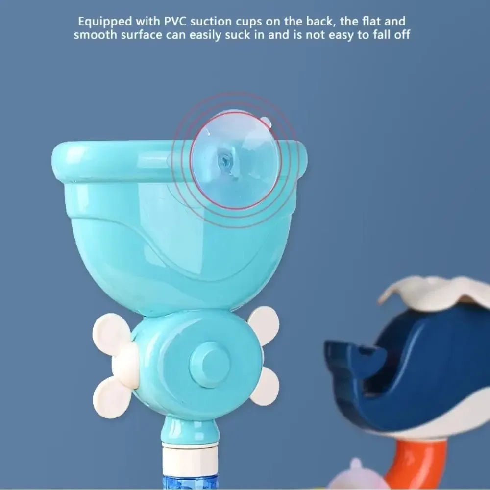 A light blue suction cup bath toy with a spinner mechanism is shown against a gray background.