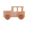 A wooden Montessori push cart toy shaped like a car with round wheels.